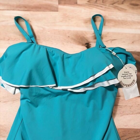 COCO REEF Contours Ruffled Strapless Tummy-Control One-Piece Swimsuit 36D, Aqua - Picture 2 of 9